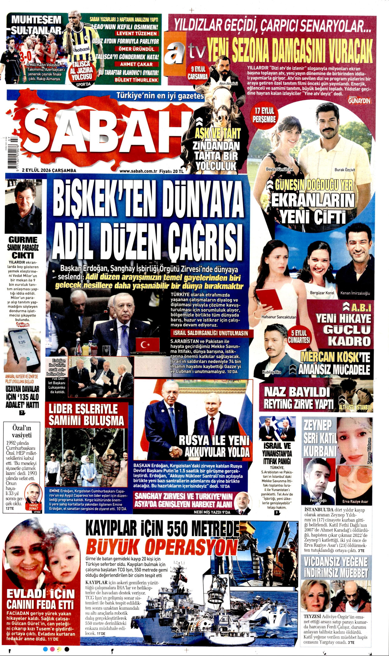 SABAH 2 Eylül 2026 Gazete Manşeti Büyük