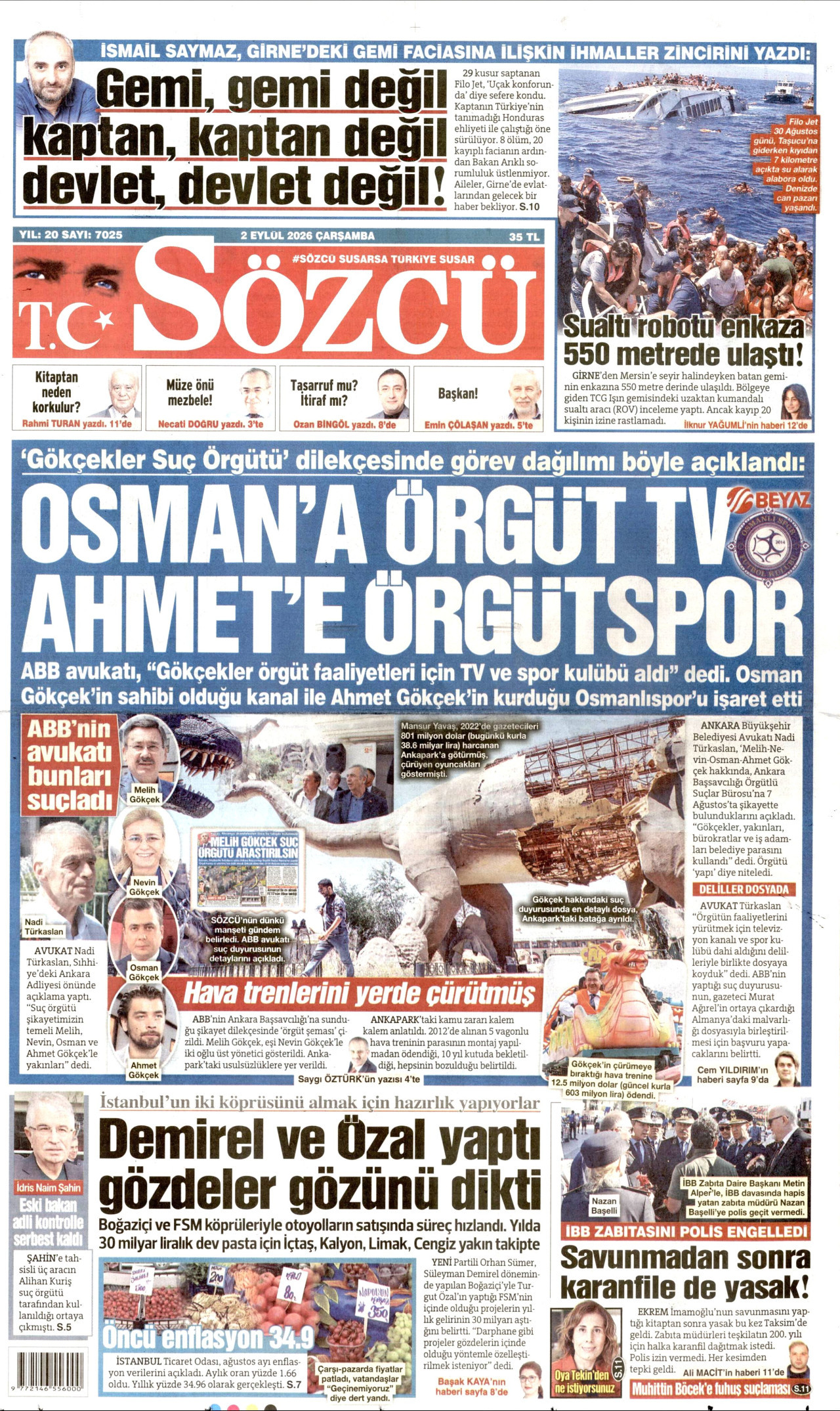 SÖZCÜ 2 Eylül 2026 Gazete Manşeti Büyük