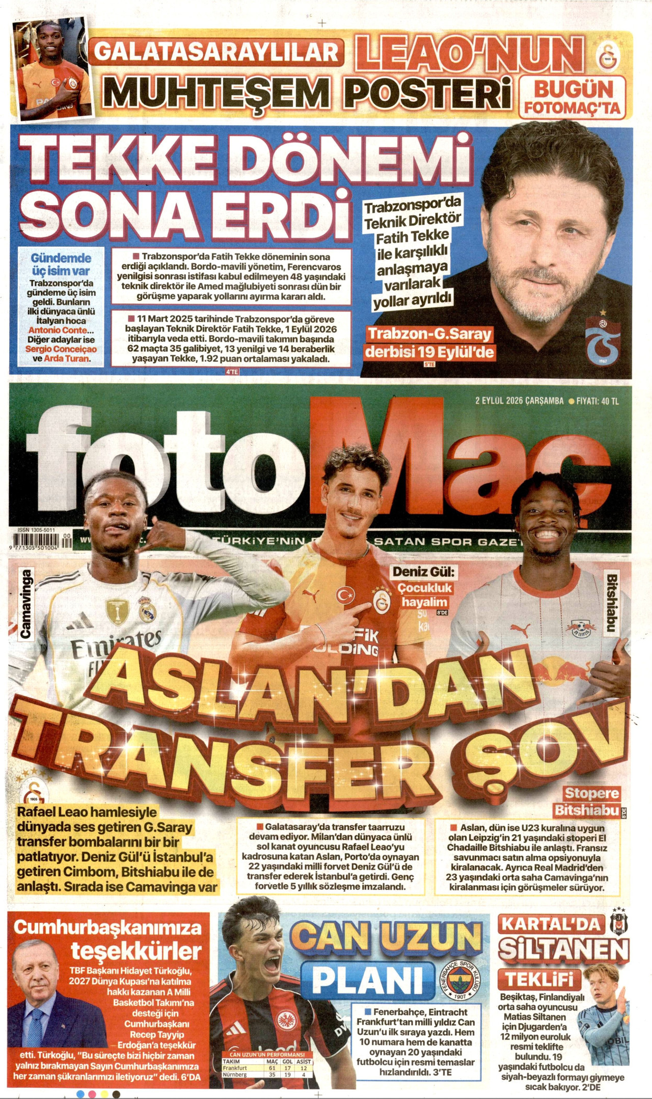 FOTOMAÇ 2 Eylül 2026 Gazete Manşeti Büyük